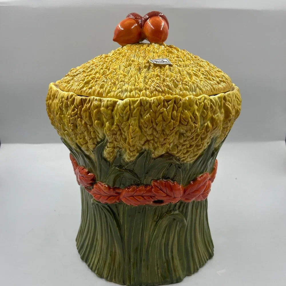 Department 56 Harvest Wheat Ceramic Cookie Jar Autumn Leaf Acorn Fall Decor